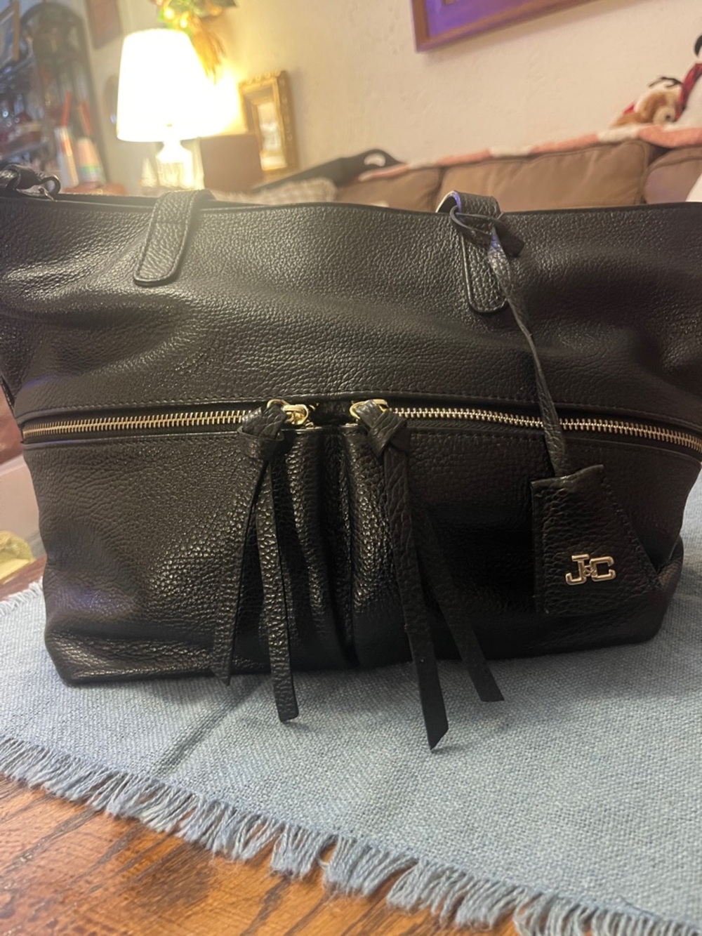 Juicy Couture Black Textured Leather Tote Bag with Front Zip